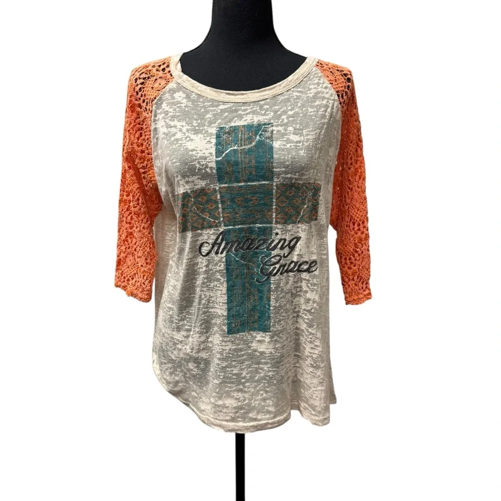 Southern Grace Amazing Grace Cross Burnout Lace Sleeve Boho Top Tan Coral - Picture 1 of 10
